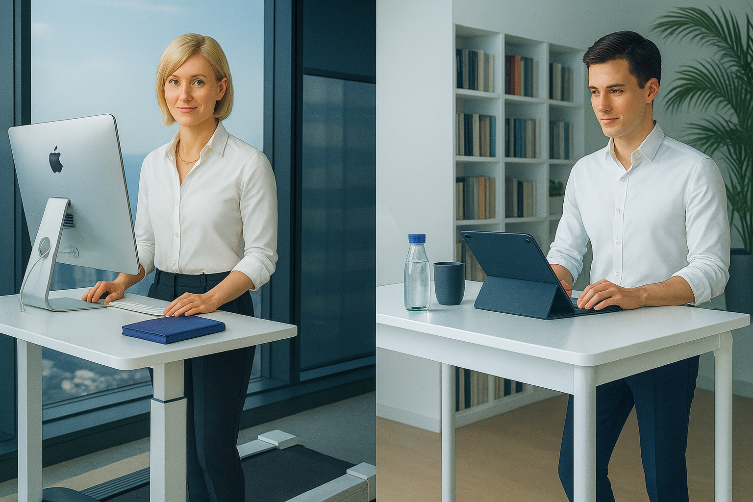Work scene of an executive/designer using a sit-stand desk